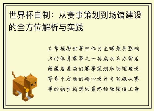 世界杯自制：从赛事策划到场馆建设的全方位解析与实践