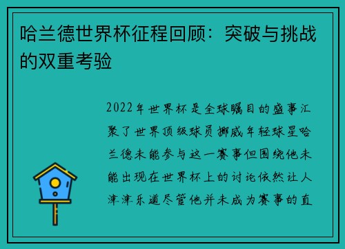 哈兰德世界杯征程回顾：突破与挑战的双重考验